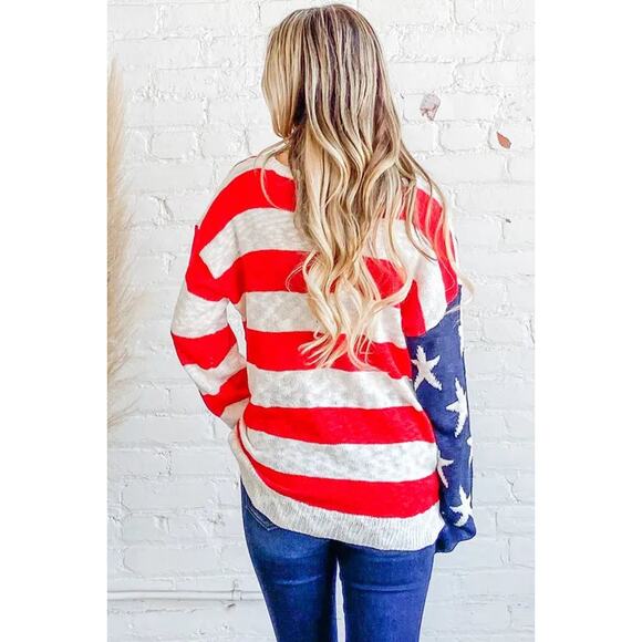 And The Why American Flag Pattern Long Sleeves Oversized Pullover Sweater | Red - Picture 4 of 9